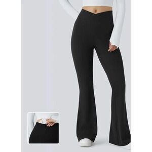 YOGALICIOUS Lux Madison Crossover 7/8 Flare Leggings Black Size Large Womens NEW
